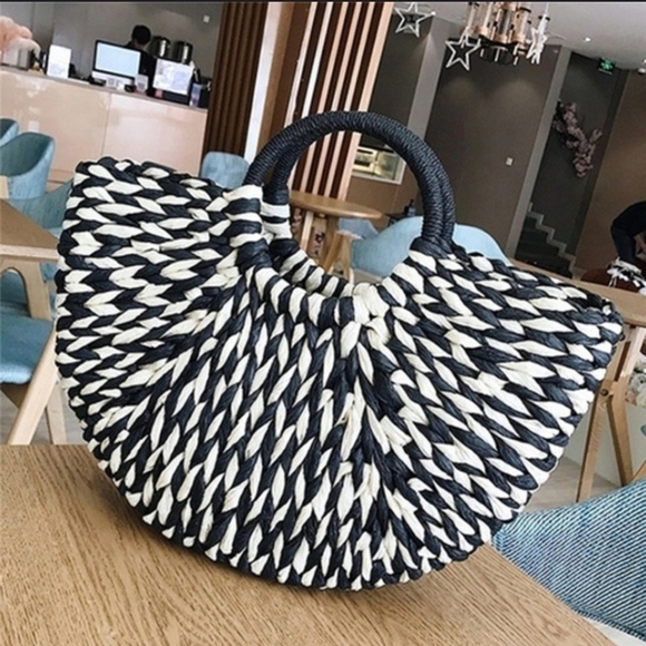 SALE Half Semi Circle Straw Ratan Woven Structured Tote Bag Black Cream Boho - Picture 5 of 10